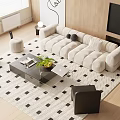 Modern Beige Sofa And Coffee Table Set With Diamond Pattern Rug Fruit And Books 3d model
