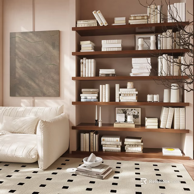 Multi Tiered Bookshelf With Books And Decorative Items In Living Room Setting 3d model 