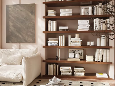 Multi Tiered Bookshelf With Books And Decorative Items In Living Room Setting 3d model