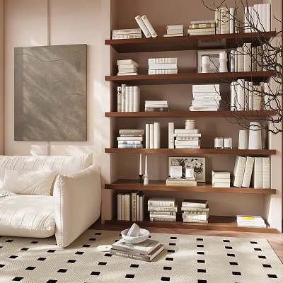 Multi Tiered Bookshelf With Books And Decorative Items In Living Room Setting 3d model