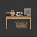 Vintage Items On Wooden Table With Clay Pots Old Radio And Wicker Basket