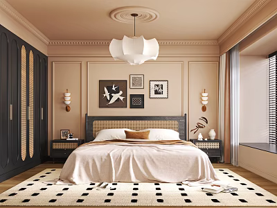 Stylish Bedroom Interior With Bed Framed Art Chandelier Bedside Tables And Patterned Rug 3d model