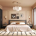 Stylish Bedroom Interior With Bed Framed Art Chandelier Bedside Tables And Patterned Rug