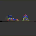 Colorful Children's Building Blocks With Various Shapes And Play Structures On Wooden Floor