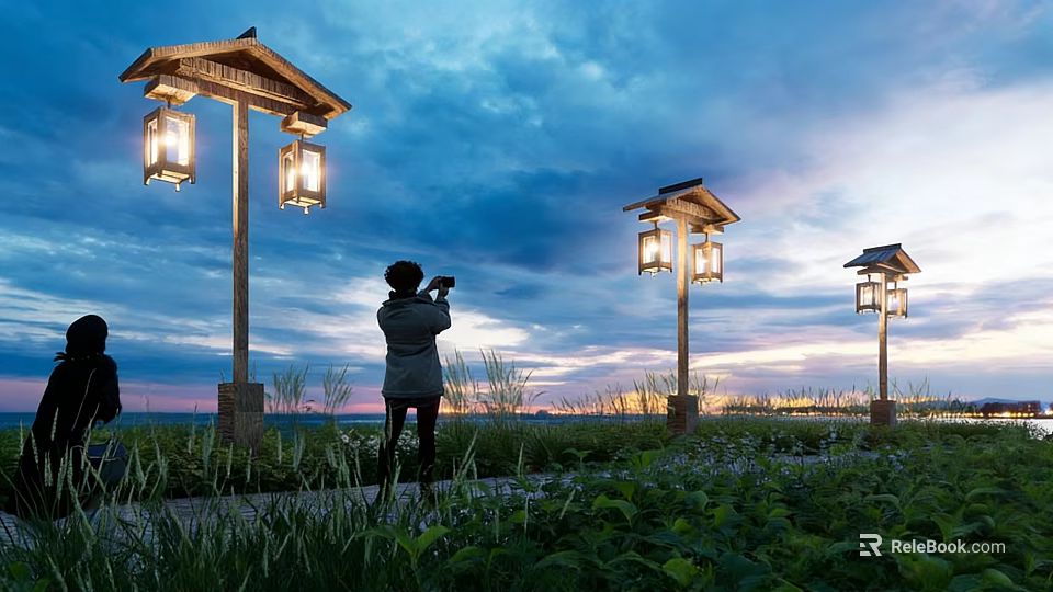 Outdoor Decorative Lights Illuminating Dusk Sky With Clouds And Green Plants Around 3d model 