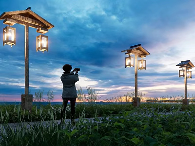 Outdoor Decorative Lights Illuminating Dusk Sky With Clouds And Green Plants Around 3d model
