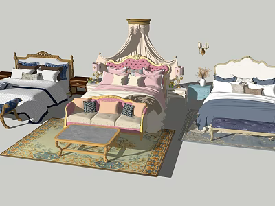 Elegant Double Bed Designs With Canopy Upholstered Headboard Decorative Pillows Bedside Tables And Area Rug 3d model