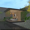 Modern Garden Landscape with Glass Pavilion Water Pond and Green Plants in Evening Lighting Design