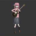 Pink Haired Blue Eyed Girl In Pink Top Gray Skirt Holding Black Guitar Dark Background