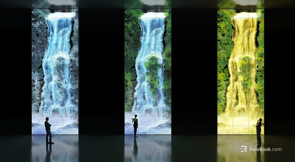 Three Large Computer Monitors Showing Waterfall Images With Standing Viewer 3d model