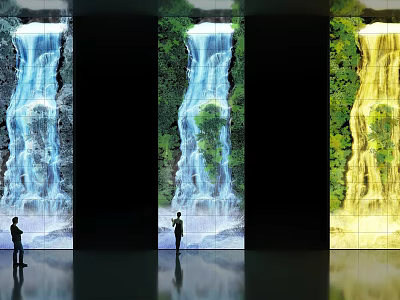 Three Large Computer Monitors Showing Waterfall Images With Standing Viewer 3d model