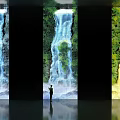 Three Large Computer Monitors Showing Waterfall Images With Standing Viewer 3d model