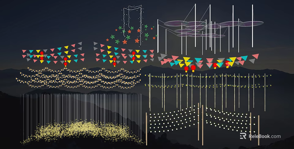 Colorful Decorative Lights With Star Shaped Bunting And String Light Designs 3d model 