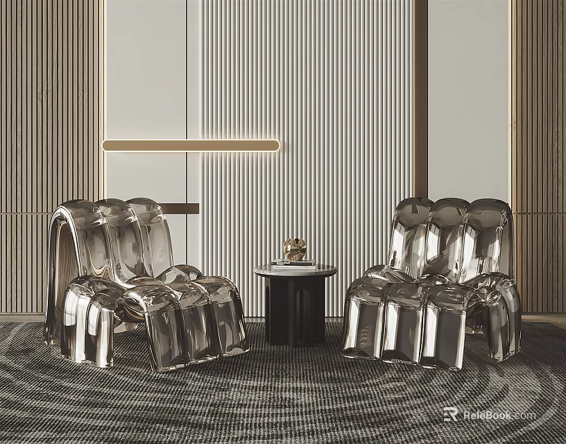 Modern Table and Chair Set Featuring Silver Metallic Chairs and Small Round Coffee Table 3d model 