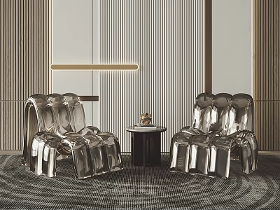 Modern Table and Chair Set Featuring Silver Metallic Chairs and Small Round Coffee Table 3d model