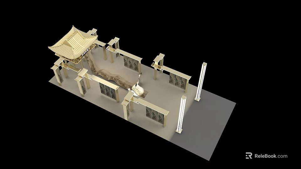 Interactive Area Design With Traditional Chinese Pavilion Columns And Screens 3d model