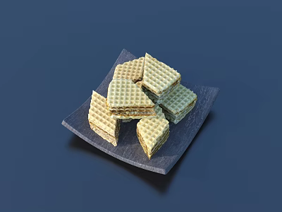 Crispy Golden Wafers Stacked On Dark Square Plate For Tasty Snacks 3d model