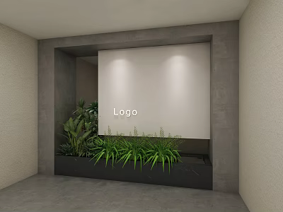 Modern Recessed Gray Background Wall Interior With Logo Display And Green Plants 3d model