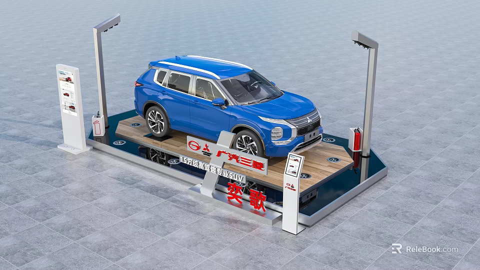 Automobile Display Rack Featuring Blue SUV on Exhibition Stand with Signs 3d model 