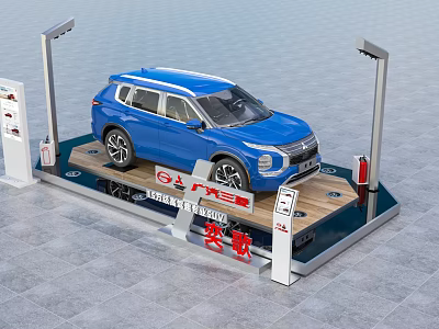 Automobile Display Rack Featuring Blue SUV on Exhibition Stand with Signs 3d model