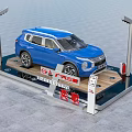 Automobile Display Rack Featuring Blue SUV on Exhibition Stand with Signs