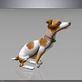 Brown and white sitting dog 3D model with green decorative collar on grey background