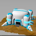 Sci-Fi Scene Featuring Domed White And Blue Structure With Support Pillars On Desert Terrain 3d model