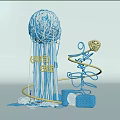 Blue And White Jellyfish Shaped Art Installation With White Threads Yellow Spiral And Blue Cubes