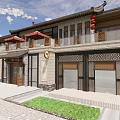 Traditional Chinese Commercial Street With Red Lanterns Outdoor Seating And Stone-paved Square