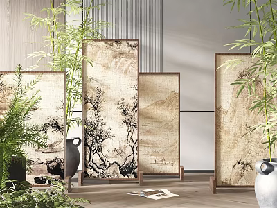 Traditional Chinese Oriental Screens With Ink Landscape Paintings And Indoor Bamboo Plants 3d model