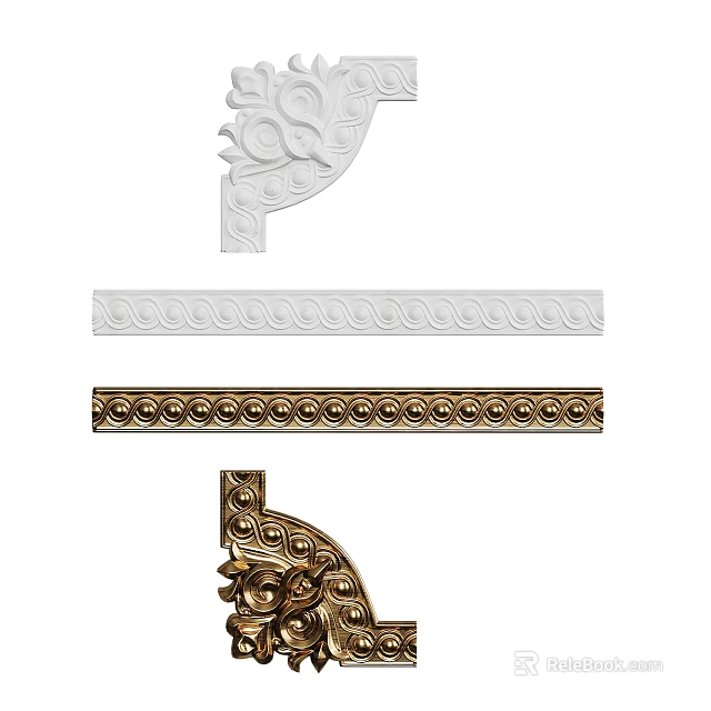 White and Gold Gypsum Cornice with Ornate Carvings for Wall and Corner Decor 3d model 
