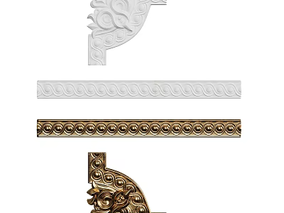 White and Gold Gypsum Cornice with Ornate Carvings for Wall and Corner Decor 3d model