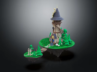 Enchanting Cartoon Scene With Floating Islands Tall Tower Green Trees And Stone Path 3d model
