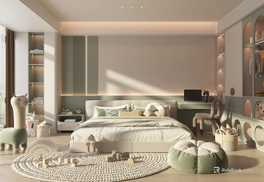 Modern Kids Room Interior With Cozy Bed Bookshelves Stuffed Toys Desk And Bean Bag Chair 3d model 