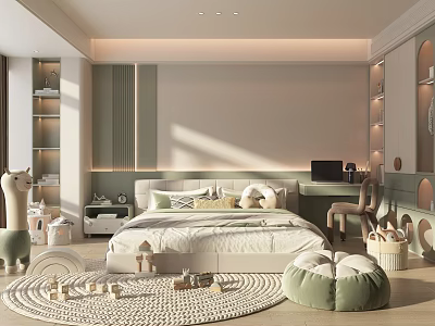 Modern Kids Room Interior With Cozy Bed Bookshelves Stuffed Toys Desk And Bean Bag Chair 3d model