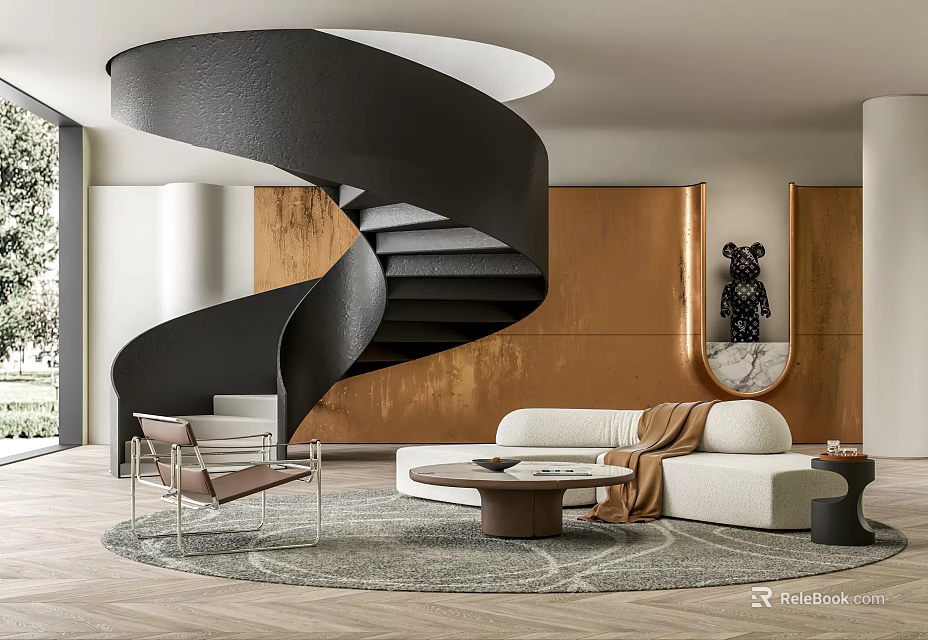 Modern Living Room Interior With Black Spiral Staircase Copper Accent Wall And Beige Sofa 3d model 