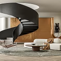 Modern Living Room Interior With Black Spiral Staircase Copper Accent Wall And Beige Sofa