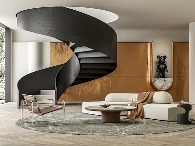 Modern Living Room Interior With Black Spiral Staircase Copper Accent Wall And Beige Sofa 3d model