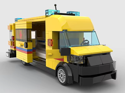 Yellow Building Block Ambulance With Blue Emergency Lights And Open Doors 3d model