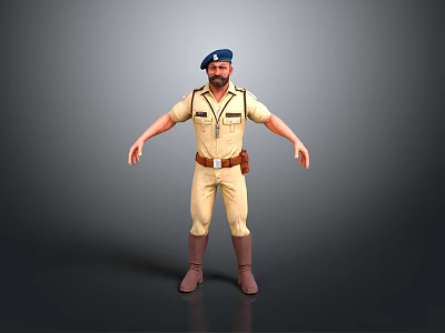 Man In Khaki Uniform With Blue Beret Brown Boots And Belt 3d model
