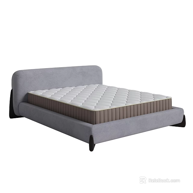 Modern Grey Double Bed With Upholstered Headboard And Quilted Mattress Design 3d model 