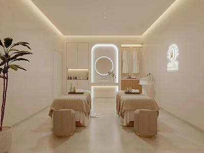 Relaxing SPA Sauna Interior With Massage Beds Round Mirror Soft Lighting White Walls And Plant 3d model