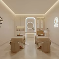 Relaxing SPA Sauna Interior With Massage Beds Round Mirror Soft Lighting White Walls And Plant