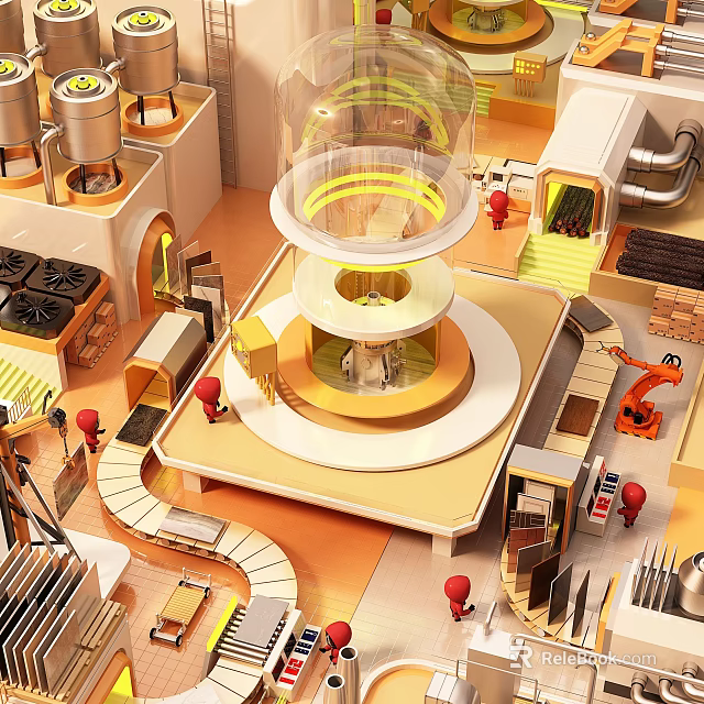 Automated Industrial Production Line With Transparent Tower Conveyor Belt And Red Robotic Workers 3d model 