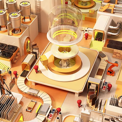 Automated Industrial Production Line With Transparent Tower Conveyor Belt And Red Robotic Workers 3d model