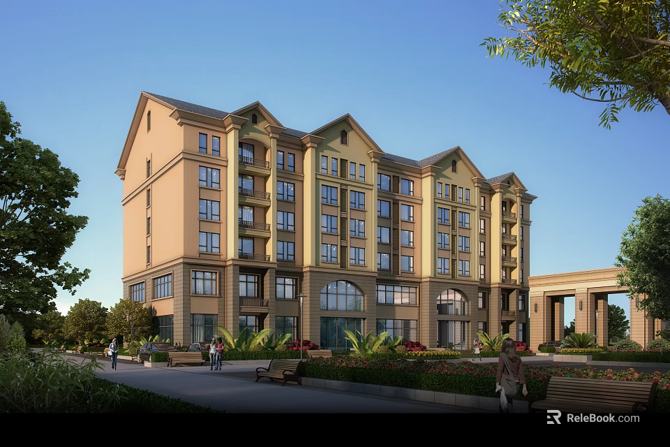 Classical Beige Residential Building With Multi story Windows Landscaped Gardens Walking Paths And Benches 3d model 