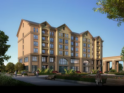 Classical Beige Residential Building With Multi story Windows Landscaped Gardens Walking Paths And Benches 3d model