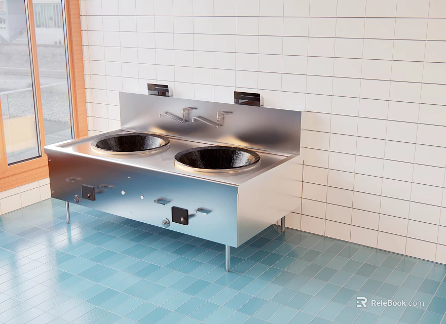 Commercial Kitchen Setup With Stainless Steel Double Sink White Tiled Wall And Blue Tiled Floor 3d model 
