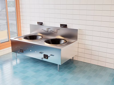 Commercial Kitchen Setup With Stainless Steel Double Sink White Tiled Wall And Blue Tiled Floor 3d model