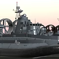 Military Hovercraft With Large Rotating Fans Radar System And Cannons On Water